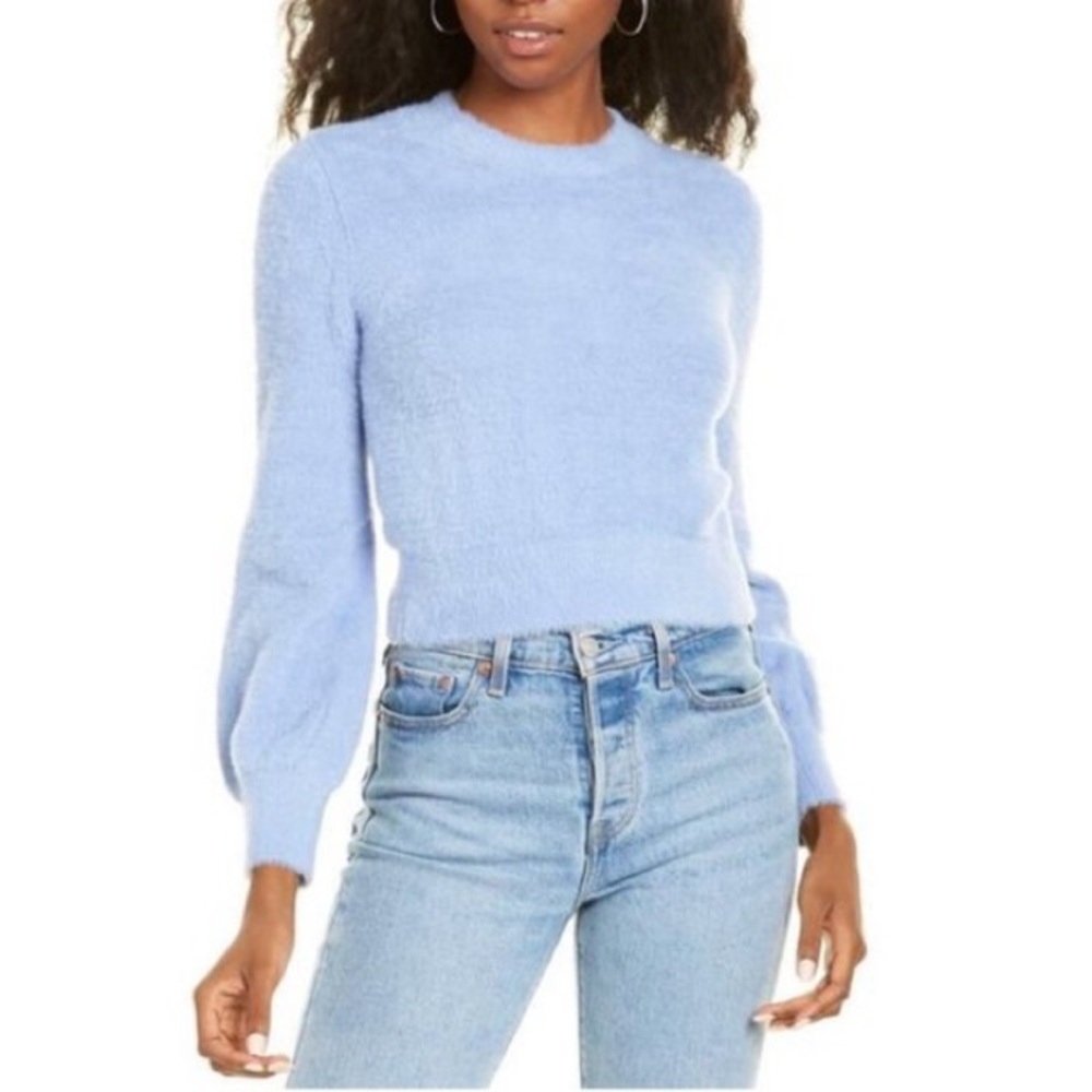 WAYF Fuzzy Blue Puff Long Sleeve Cropped Crew Neck Sweater Size Medium - Picture 1 of 8